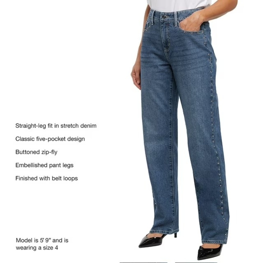 Express Women's Embellished Straight Leg Jean Size 8 Medium Wash - Studs - Picture 4 of 6